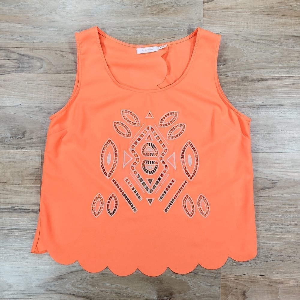 🔺️Blu Pepper Neon Orange Scallop Hem Open Back Sleeveless Top Medium